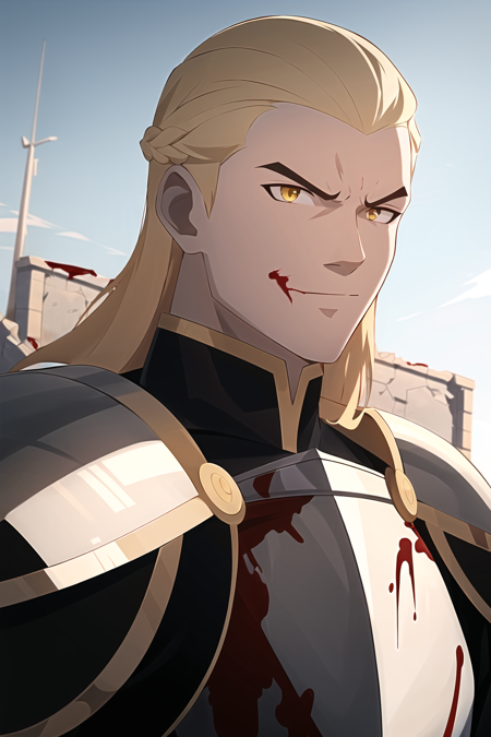 3978522300-2653106269-vox machina style, outdoors, ruins,_1boy, male focus, armor, blonde hair, yellow eyes, long hair, 1boy, full armor,  breastplate.png